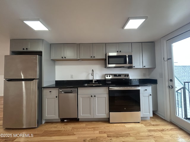 kitchen featuring a sink, dark countertops, gray cabinetry, and stainless steel appliances