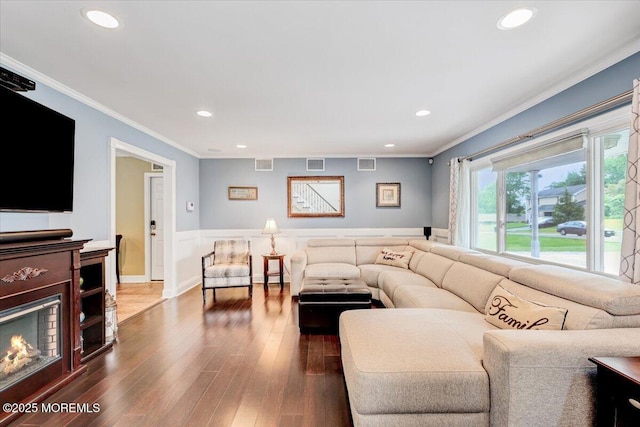 77 Warren Dr, Aberdeen, NJ 07747 - living area with recessed lighting, ornamental molding, a wainscoted wall, and dark wood-style floors