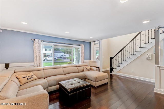 77 Warren Dr, Aberdeen, NJ 07747 - living room featuring stairway, dark wood-style floors, recessed lighting, and ornamental molding