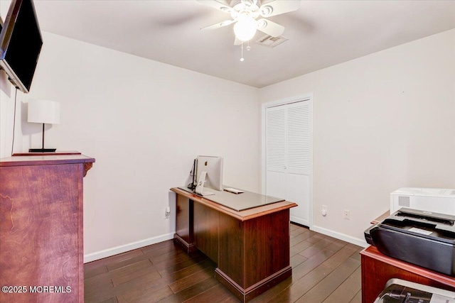77 Warren Dr, Aberdeen, NJ 07747 - office area featuring a ceiling fan, dark wood-style flooring, and baseboards