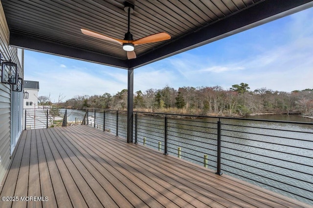 wooden terrace with a ceiling fan and a water view