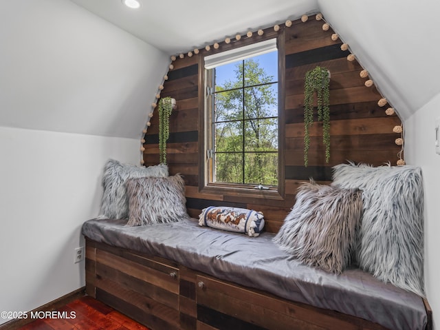 bedroom with wood finished floors, recessed lighting, baseboards, and lofted ceiling