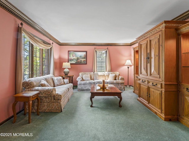 living area with carpet flooring, a healthy amount of sunlight, and ornamental molding