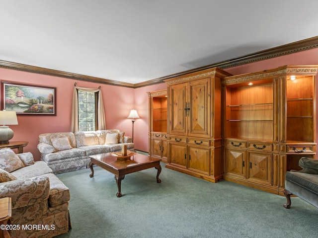living room featuring ornamental molding and carpet