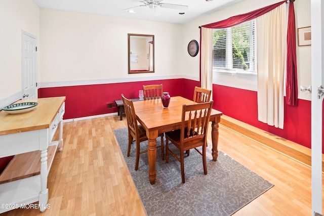 dining space with a ceiling fan, recessed lighting, and light wood-style flooring