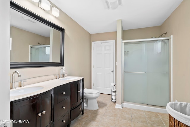 bathroom with a sink, tile patterned floors, a shower stall, and double vanity