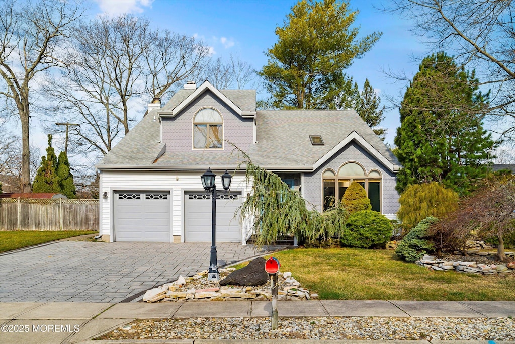 34 Harmony Ln, Brick, NJ 08724 - traditional-style home with roof with shingles, fence, decorative driveway, a front lawn, and a chimney
