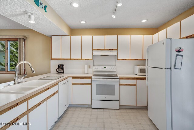 21 Brown Ave Unit 1, Lavallette, NJ 08735 - kitchen featuring white appliances, a textured ceiling, under cabinet range hood, light countertops, and a sink