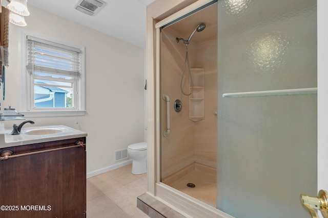 full bath with toilet, vanity, visible vents, and a shower stall