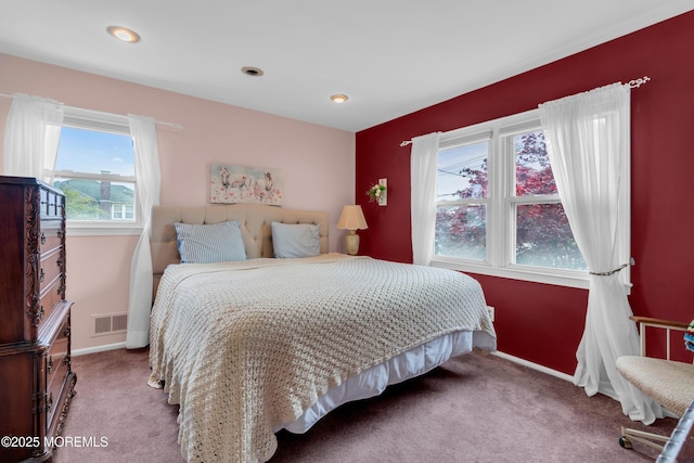bedroom with carpet, visible vents, baseboards, and recessed lighting