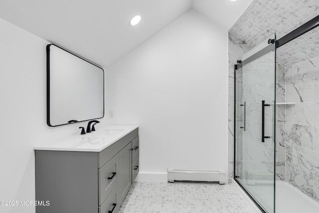 bathroom with a baseboard radiator, a marble finish shower, baseboards, lofted ceiling, and recessed lighting