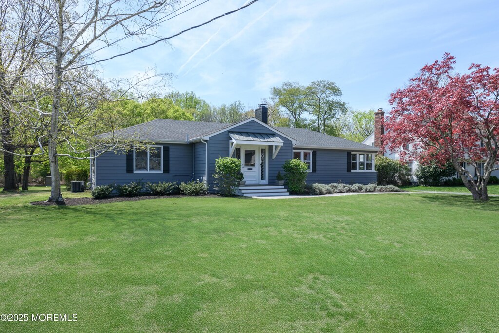 622 Prospect Ave, Little Silver, NJ 07739 - single story home featuring a chimney, a front lawn, and roof with shingles