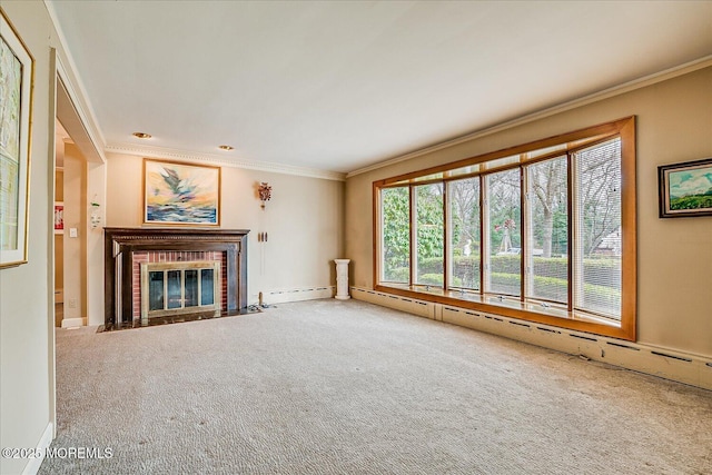 42 Pershing Ave, Sayreville Boro, NJ 08872 - unfurnished living room with ornamental molding, a brick fireplace, carpet, and a baseboard heating unit