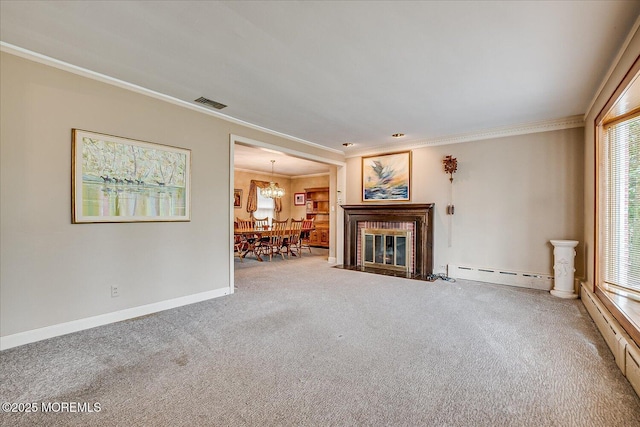 42 Pershing Ave, Sayreville Boro, NJ 08872 - living area featuring baseboard heating, carpet flooring, crown molding, plenty of natural light, and a chandelier