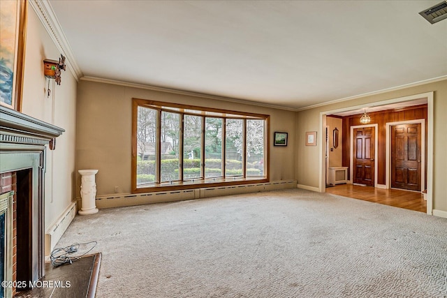 42 Pershing Ave, Sayreville Boro, NJ 08872 - unfurnished living room with carpet, a baseboard heating unit, crown molding, and a brick fireplace