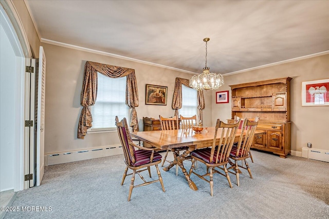 42 Pershing Ave, Sayreville Boro, NJ 08872 - dining area with baseboard heating, a chandelier, light carpet, and ornamental molding