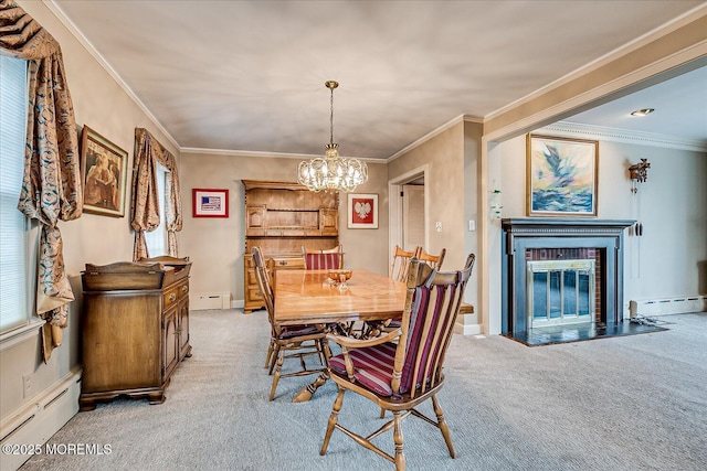 42 Pershing Ave, Sayreville Boro, NJ 08872 - dining room featuring baseboard heating, light carpet, a chandelier, and ornamental molding