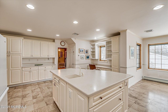 42 Pershing Ave, Sayreville Boro, NJ 08872 - kitchen featuring a baseboard radiator, crown molding, light countertops, recessed lighting, and an island with sink