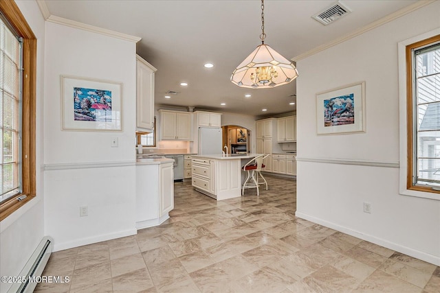 42 Pershing Ave, Sayreville Boro, NJ 08872 - kitchen with a baseboard radiator, white refrigerator, dishwasher, light countertops, and a breakfast bar