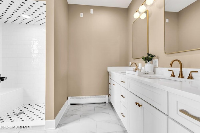 102 Ocean Ave, Monmouth Beach, NJ 07750 - full bathroom with a baseboard heating unit, double vanity, tiled shower, marble finish floor, and a sink
