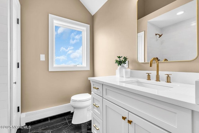 102 Ocean Ave, Monmouth Beach, NJ 07750 - bathroom with baseboards, walk in shower, toilet, a baseboard radiator, and marble finish floor