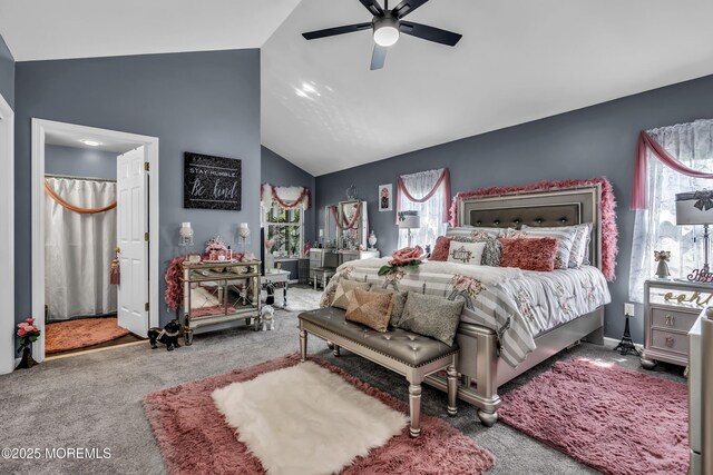 carpeted bedroom featuring a ceiling fan, high vaulted ceiling, and multiple windows