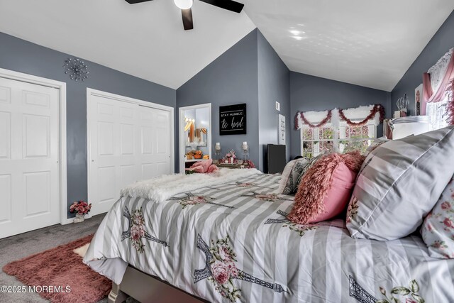 carpeted bedroom featuring lofted ceiling, a ceiling fan, and multiple windows