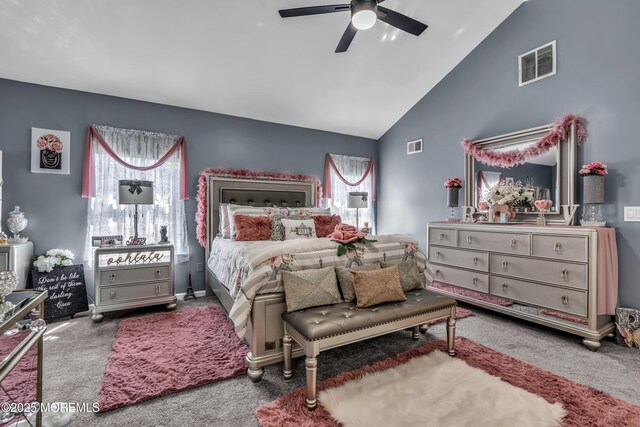 bedroom featuring visible vents, carpet floors, ceiling fan, and high vaulted ceiling