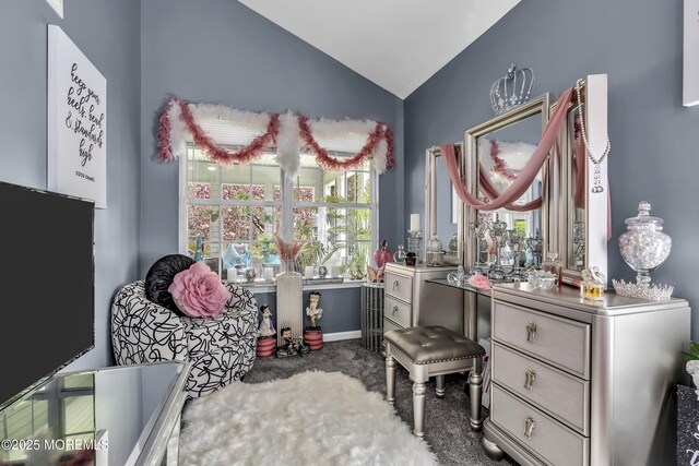 interior space with lofted ceiling and baseboards