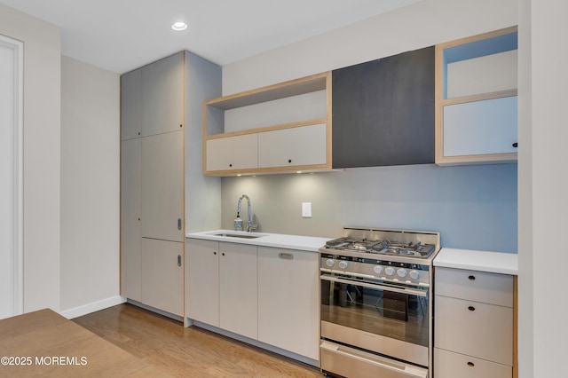 601 Bangs Ave Unit 1107, Asbury Park, NJ 07712 - kitchen featuring open shelves, a sink, light wood finished floors, light countertops, and gas stove