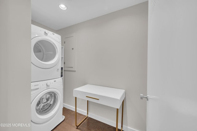 601 Bangs Ave Unit 1107, Asbury Park, NJ 07712 - washroom featuring baseboards, stacked washer and dryer, laundry area, and recessed lighting