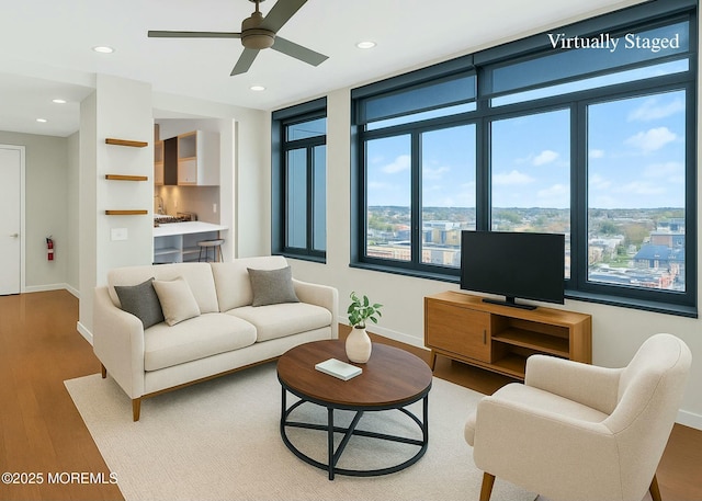601 Bangs Ave Unit 1107, Asbury Park, NJ 07712 - living room featuring recessed lighting, wood finished floors, baseboards, and ceiling fan