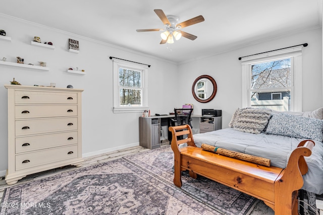 bedroom featuring baseboards, multiple windows, crown molding, and ceiling fan