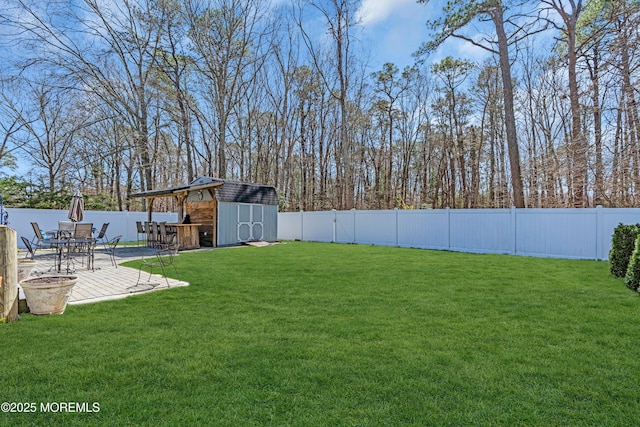view of yard with a fenced backyard, a storage shed, an outdoor structure, and a patio area