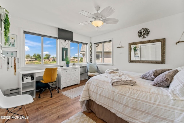 bedroom with ceiling fan and wood finished floors