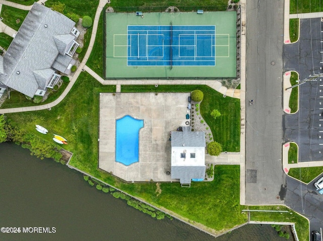 drone / aerial view with a water view