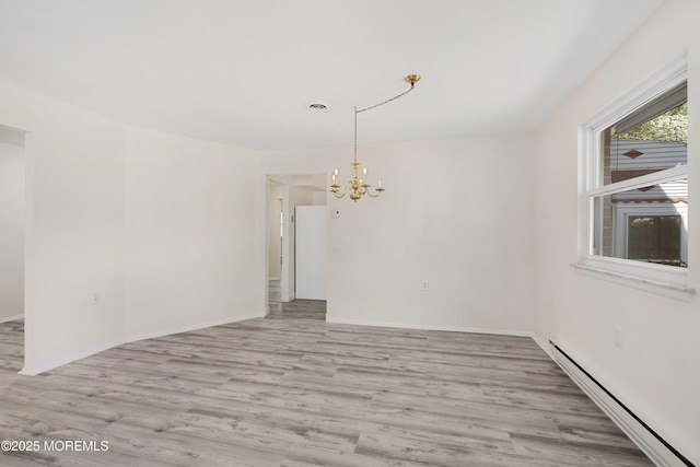 20 Lexington Dr Unit B, Whiting, NJ 08759 - unfurnished dining area with a baseboard radiator, a chandelier, wood finished floors, and baseboards