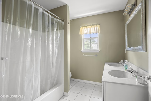 4 Frankies Ln, Toms River, NJ 08753 - bathroom with tile patterned flooring, toilet, baseboards, double vanity, and shower / bathtub combination with curtain
