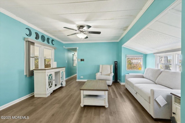 212 Roberts Rd, Toms River, NJ 08755 - living area with wood finished floors, ceiling fan, baseboards, and ornamental molding