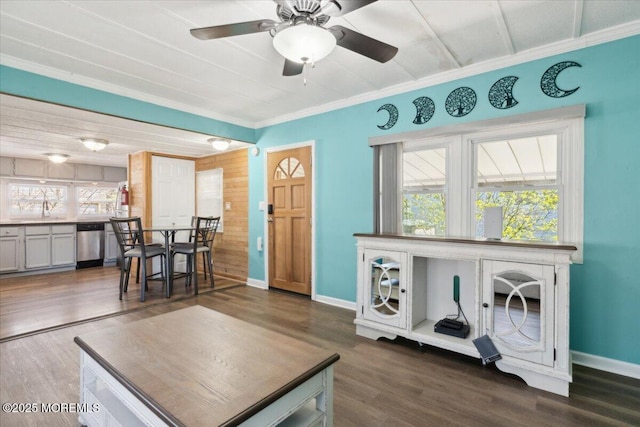 212 Roberts Rd, Toms River, NJ 08755 - living area featuring crown molding, baseboards, ceiling fan, and dark wood-style floors