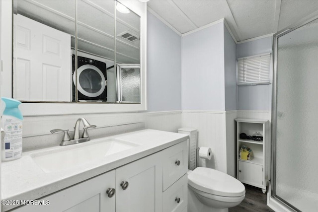212 Roberts Rd, Toms River, NJ 08755 - bathroom with visible vents, toilet, vanity, wood finished floors, and a stall shower