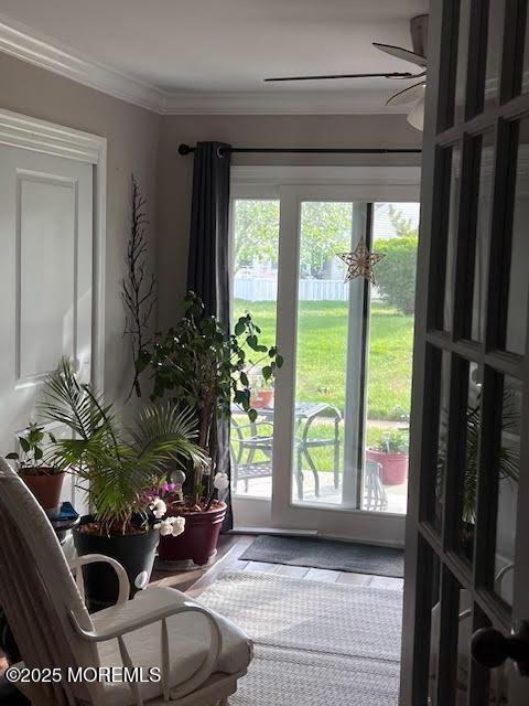 doorway to outside featuring a ceiling fan and crown molding