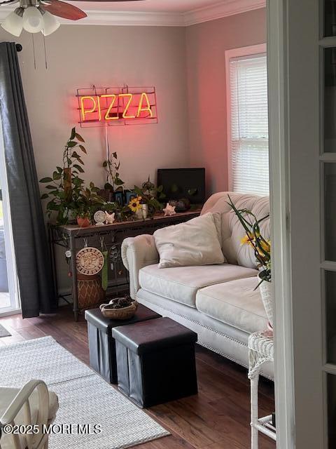 living area with wood finished floors, ceiling fan, and ornamental molding