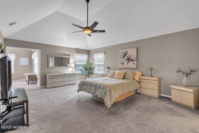 bedroom featuring high vaulted ceiling, ceiling fan, carpet, visible vents, and baseboards
