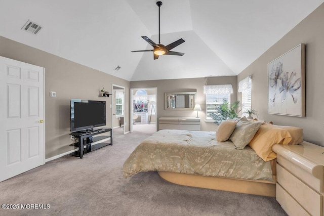 bedroom with high vaulted ceiling, carpet, visible vents, and multiple windows