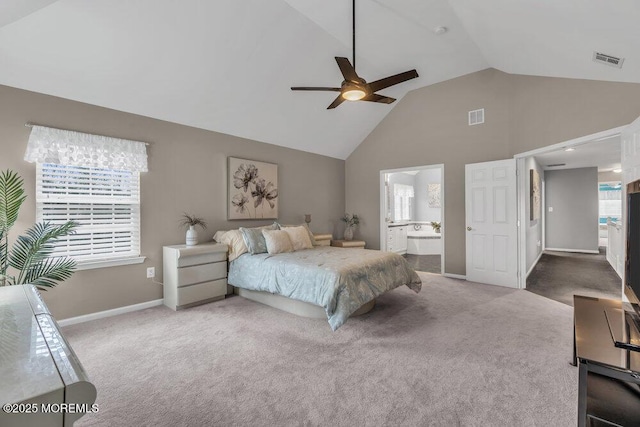 carpeted bedroom with visible vents, high vaulted ceiling, and multiple windows