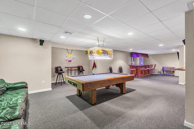 playroom featuring visible vents, baseboards, carpet flooring, and pool table