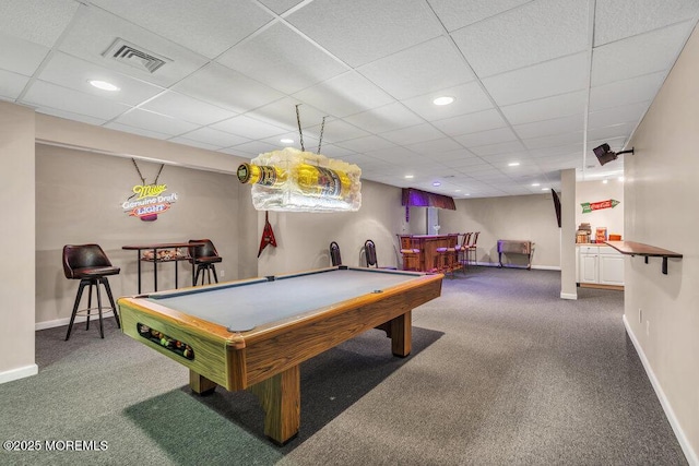 playroom with visible vents, baseboards, billiards, and carpet floors