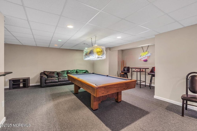recreation room with billiards, recessed lighting, carpet flooring, and baseboards