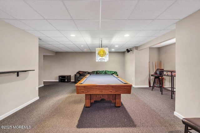 recreation room featuring baseboards, billiards, recessed lighting, carpet floors, and a drop ceiling
